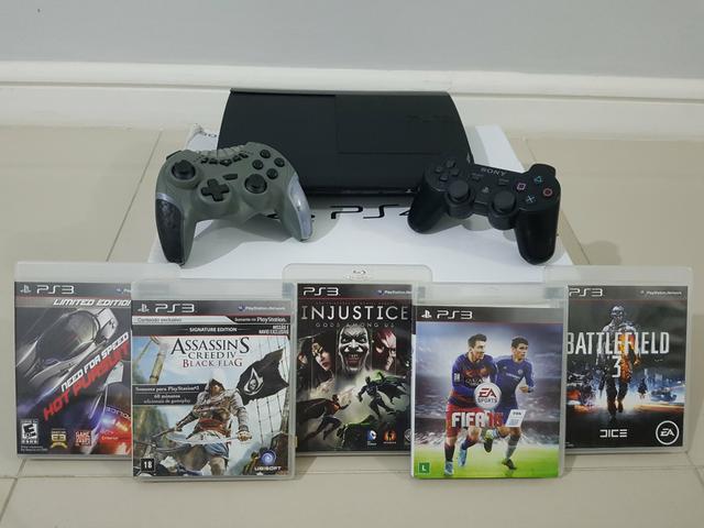 PS3 Super Slim 250GB IMPECÁVEL + 2 Controles + 5 Jogos /