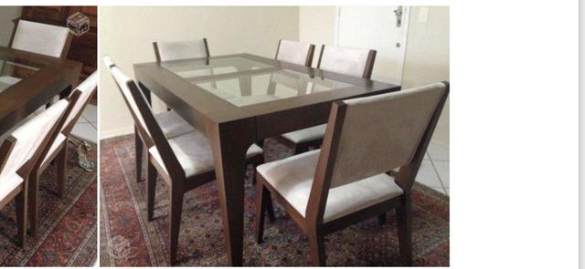 Mesa 6 lugares madeira com tampo de vidro