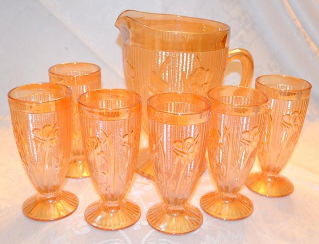 Conjunto 7 Pcs Antiga Jarra E Copos Carnival Glass
