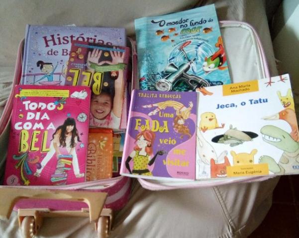 Mala cheia de livros infantis de dois anos a