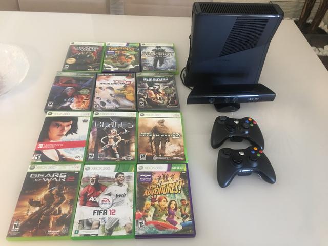 Xbox 360 Slim + Kinect + 2 Controles + 12 Jogos!! Super Novo