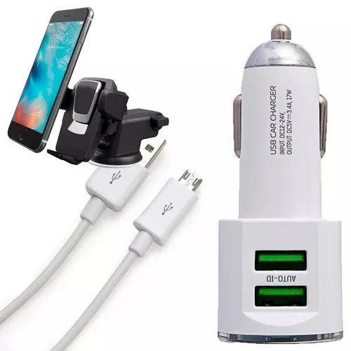 Carregador Veicular Turbo 2 Usb + Cabo Usb V8 Suporte Painel