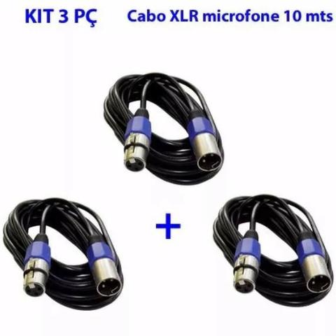 Cabos De Microfone Kit 3 Pç Xlr Canon Macho Femea 10 Mts
