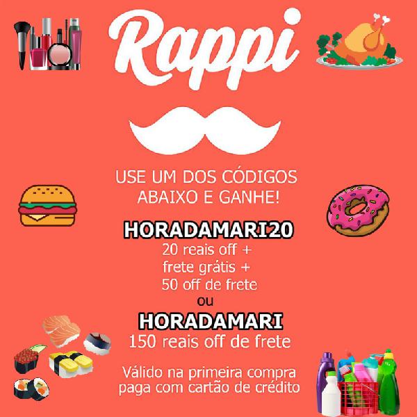 CUPOM RAPPI DESCONTO 20 OFF + FRETE GRATIS + 50 OFF DE FRETE