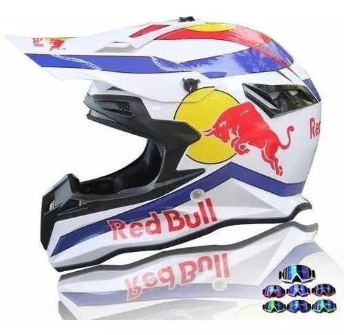 Capacete Motocross Redbull Branco Dh, Fr Bike+ Oculos Brinde