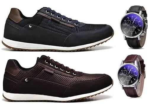 Kit 2 Tênis Casual Couro Jogger + 2 Relógios Yazole