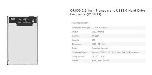 Case Hd/ssd 2.5 Usb 3.0 Orico 2139u3 Original