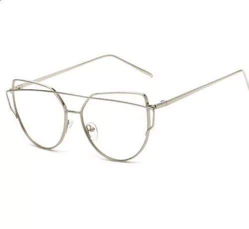 Armação De Óculos Lente Transparente Modelo Gatinho Metal