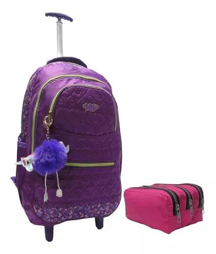 Mochila Rodinha Estojo Rosa Roxo F