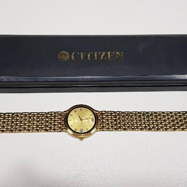 relógio dourado unissex citizen quartz prova dagua pulseira
