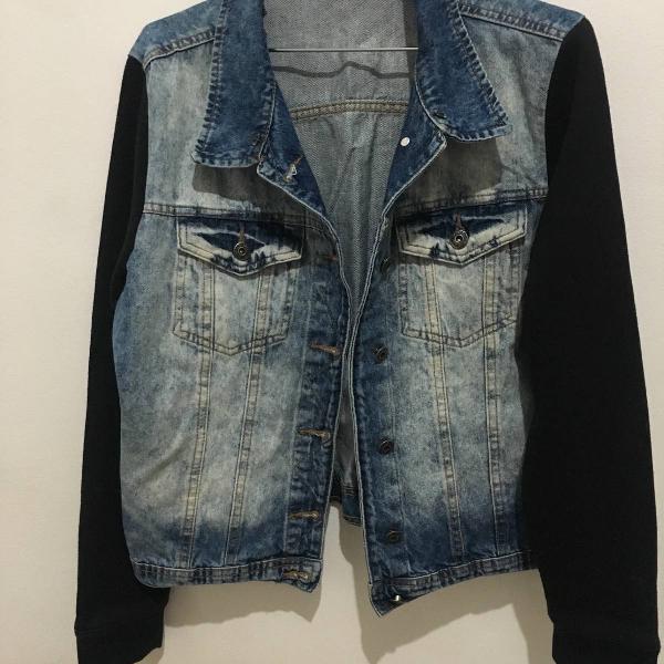 jaqueta jeans com manga de moletom renner