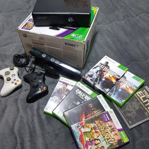 Xbox 360 + 2 controles + Kinect + 5 jogos originais + brinde