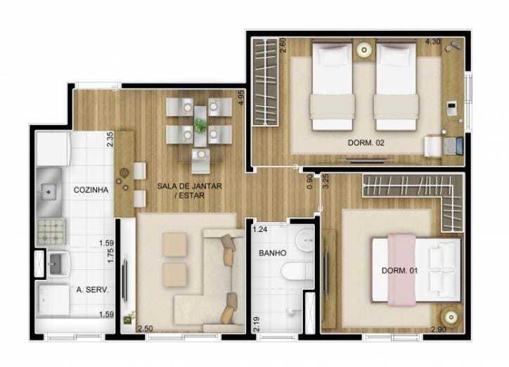 Apartamento com 2 Quartos à Venda, 55 m² por R$ 255.000