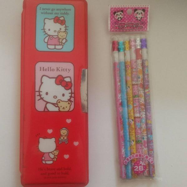 Estojo estilo japonês da Hello Kitty com 6 lápis