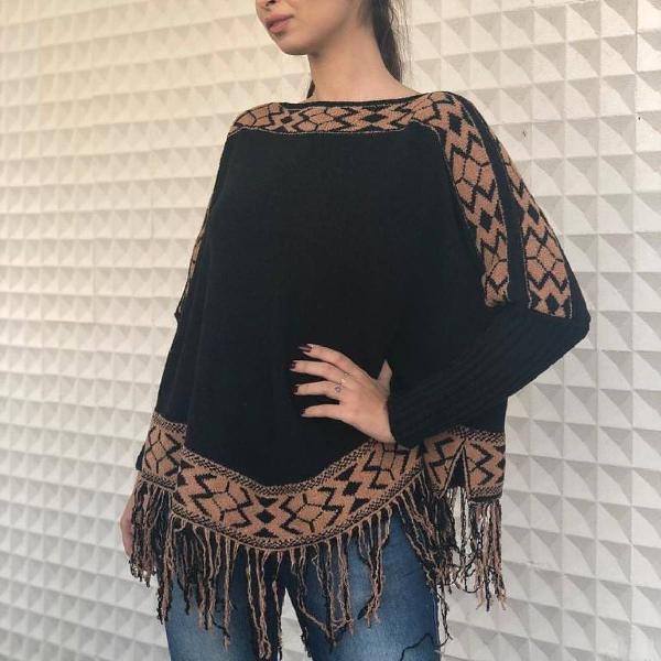 Poncho tricô com franjas kimono Tricot malha