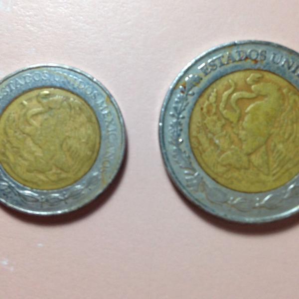 duas moedas pesos mexicanos bi metálicas 1983 e 1994 r$36