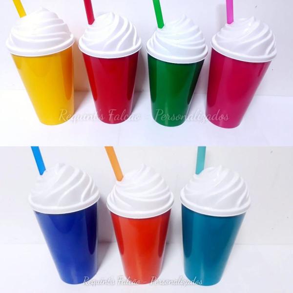 10 copos 500ml chantilly tampa e canudo lisos cores escolar