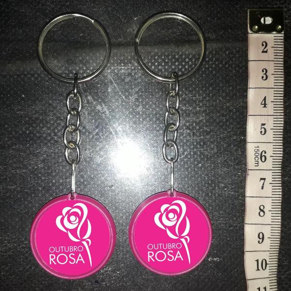 3 chaveiros dupla face 2,5 cm, campanha outubro rosa