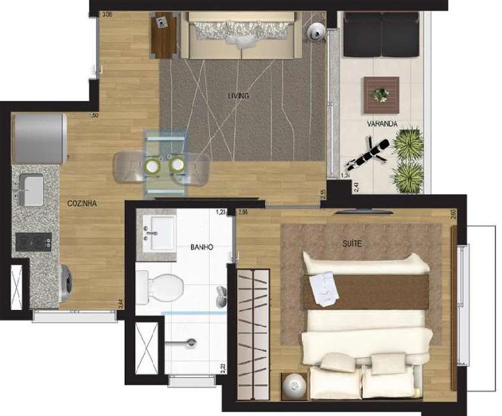 Apartamento com 1 Quarto para Alugar, 34 m² por R$