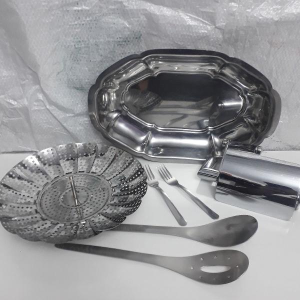 lote de 7 peças inox - travessa, fruteira, utensílios