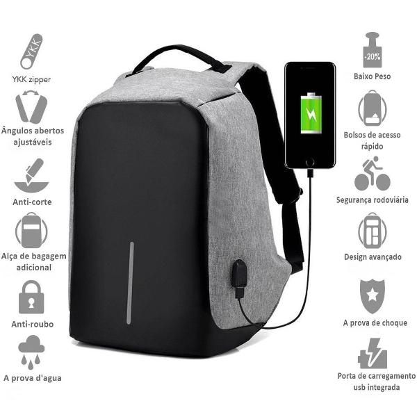 mochila anti roubo furto laptop notebook cabo usb unissex