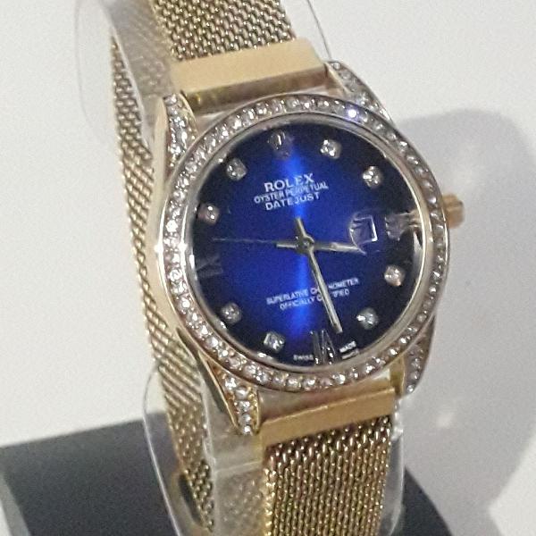 relógio rolex dourado mostrador azul oyester perpetual date