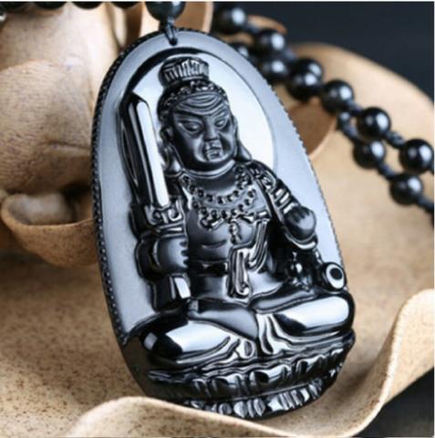 Colar Buda Pedra Natural Obsidiana Amuleto Sorte