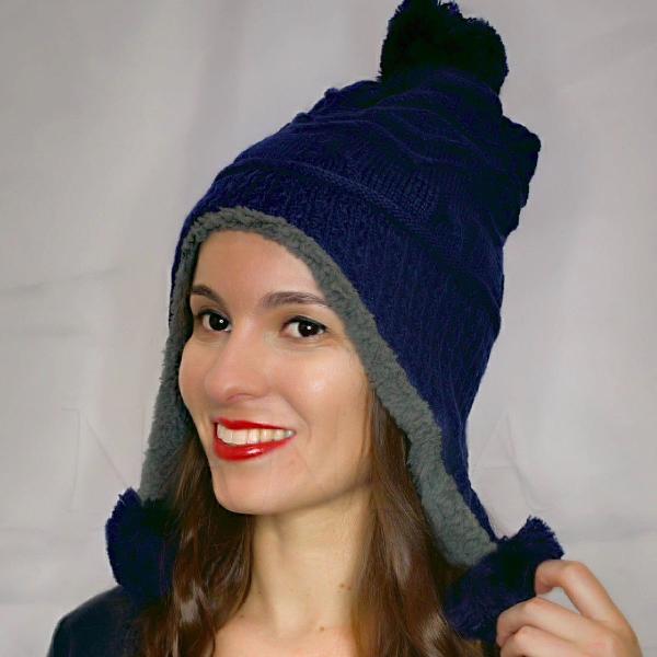 gorro azul marinho com pompom e protetor de orelhas super