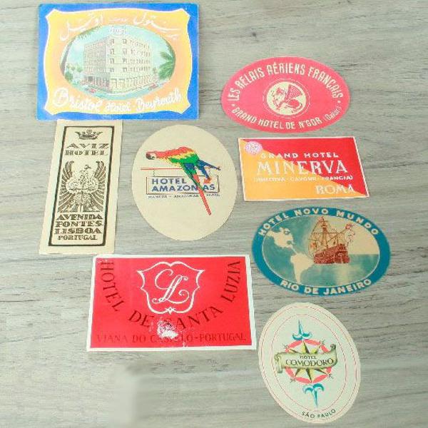 lote com 8 etiquetas para malas de viagens dos anos 50 e 60