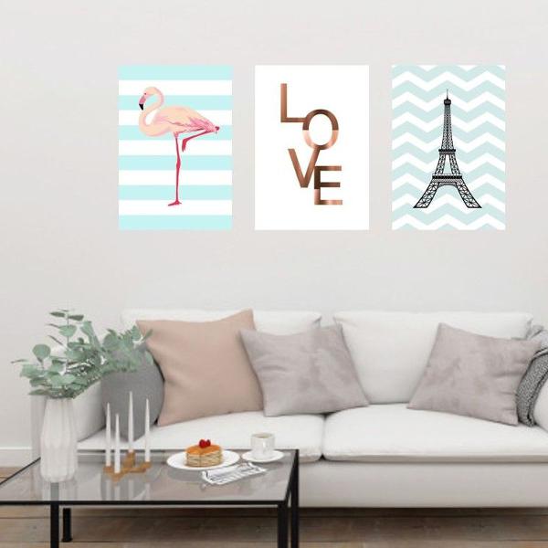 kit trio placas decorativas flamingo torre love rose gold