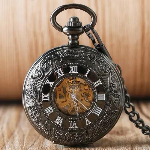 Relógio De Bolso Black Steampunk Mecânico A Corda