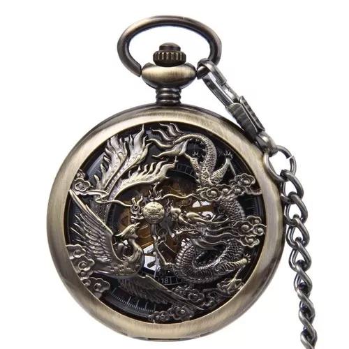 Relógio De Bolso Mecânico Fenghuang Fênix E Dragão A