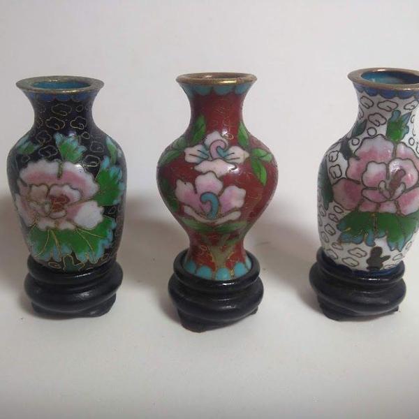 3 antigas miniaturas de vaso em verdadeiro cloisonne
