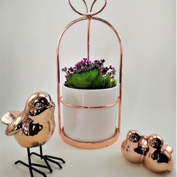 conjunto decorativo vaso e pássaro em cerâmica