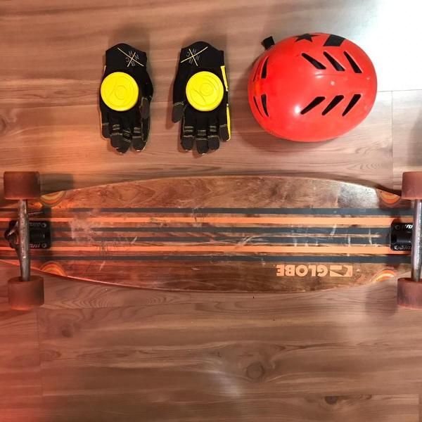 long board globe pinner laranja e marrom (+luva+capacete)