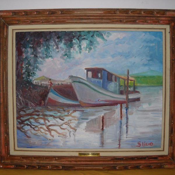 obra de arte em óleo sobre tela - barco ancorado