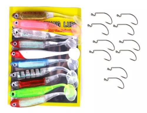 Kit C/10 Iscas Artificiais Soft Shad + 10 Anzol Off Set