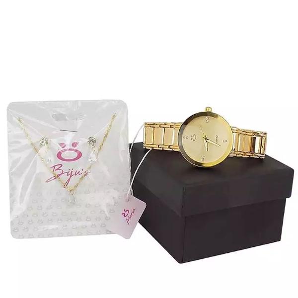 Kit Relógio Feminino + Colar e par de brincos - Dourado