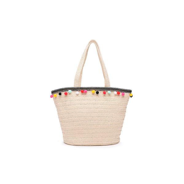 bolsa de palha casual chic com mini pompons pg2921 bege