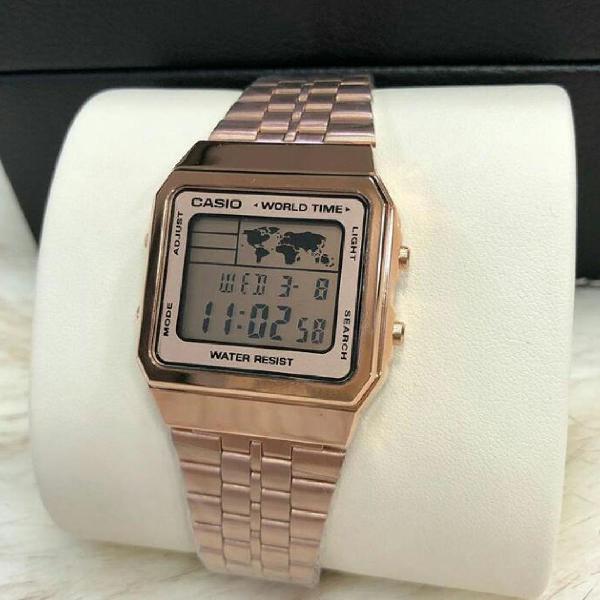 relógio casio retrô vintage a500wag-9 rosé/claro