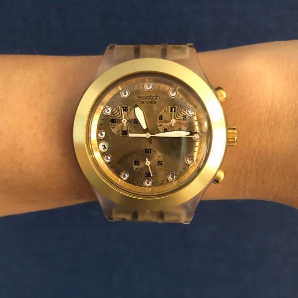 relógio swatch full blooded dourado original