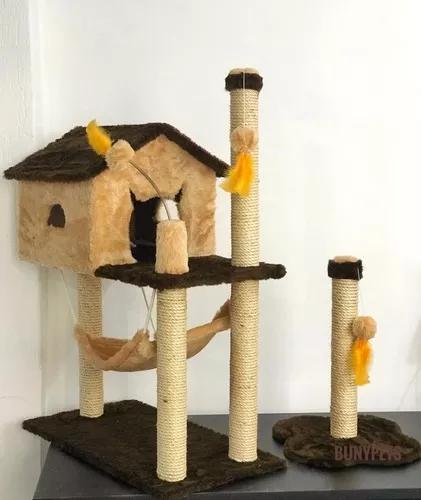 Kit Para Gato Arranhador Casa Com Rede + Arranhador Poste