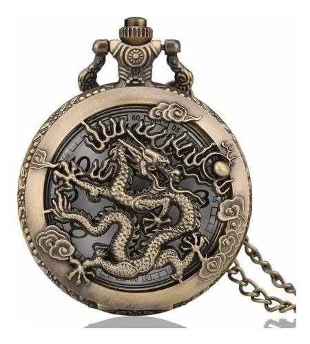 Relógio De Bolso Dragão Zodíaco C/ Corrente Retro Vintage