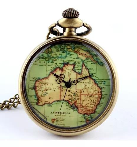 Relógio De Bolso Mapa Da Austrália Vintage Bronze Quartzo