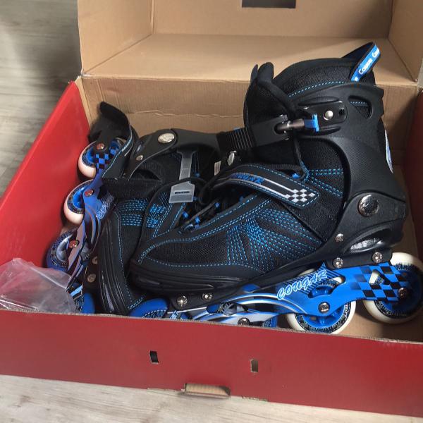 patins, cor azul e preto, 4 rodas, in line, marca cougar