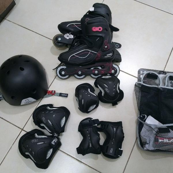 patins nº36, capacete, joelheiras, cotoveleiras,e protetor
