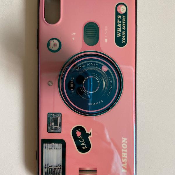 capa iphone xs max câmera rosa flexível com popsocket