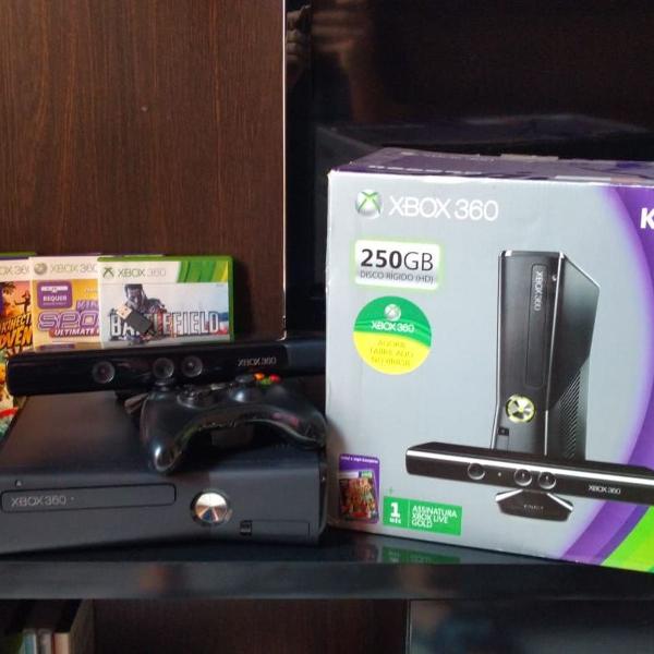 xbox 360 slim 250gb + kinect + 1 controle + 4 jogos- com