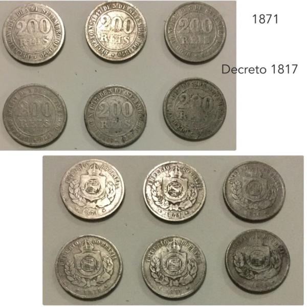 6 moedas 200 reis 1871 decreto 1817 ( lote ) mcb