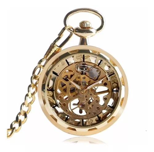 Relógio De Bolso Mecânico Dourado Skeleton Corda